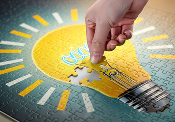 Completing the light bulb puzzle, a concept of idea, innovation, solution, and creative problem solving