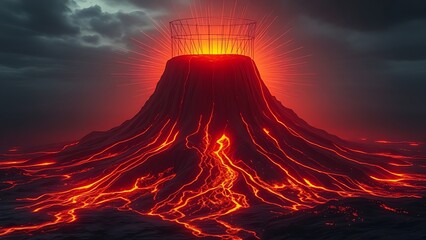 A massive volcanic plug glowing with contained energy, restrained by geometric force fields.