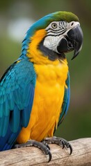 Vibrant Blue and Yellow Macaw Perched on a Branch with Soft Background