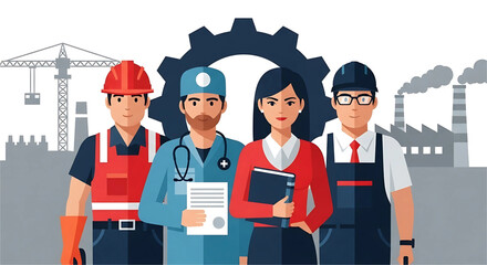 Obraz premium Diverse Professionals Contributing to Societal Progress in Industries like Healthcare, Construction and Management Symbolized by Cogwheel, Factory and Urban Development