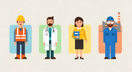 Diverse professionals standing proud: A celebration of various occupations showcasing skilled individuals in construction healthcare education and industrial settings with clean vibrant design