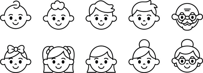 Flat vector illustration of family faces, baby, kids, children, parents, grandparents, cartoon avatar icons, simple outline design, people generation set