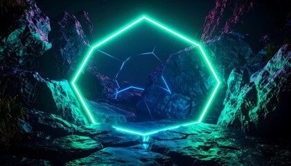 Neon hexagon in rocky landscape
