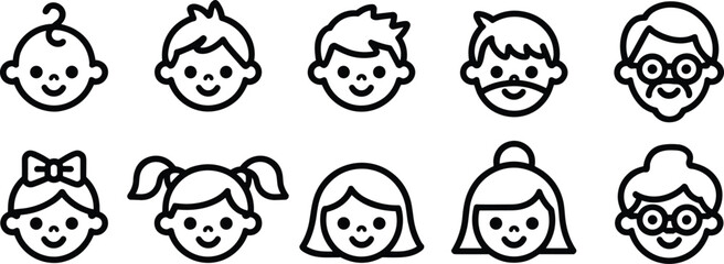 Flat vector illustration of family faces, baby, kids, parents, grandparents, cartoon avatar icons, simple outline design, people generation set