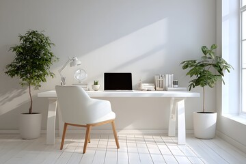 Minimum modern workspace featuring one white desk laptop and potted plant in bright room.