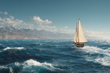 Voyage small wooden sailboat glides peacefully across sunlit sea evoking calm freedom.