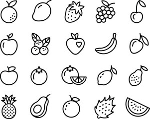 Flat vector illustration of fruit icons, apple, orange, mango, strawberry, grapes, cherry, banana, lemon, pear, pineapple, avocado, watermelon
