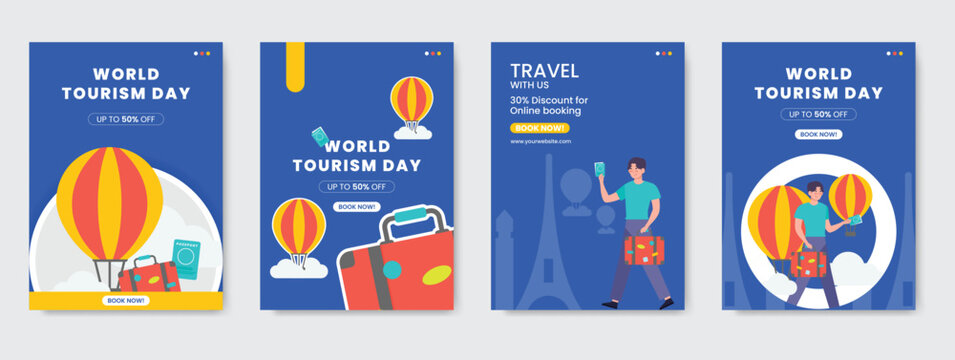 World Tourism Day poster set with travel elements such as suitcase, hot air balloon, passport, and landmarks in flat modern style. Perfect for tourism, vacation, holiday, and travel promotion design.