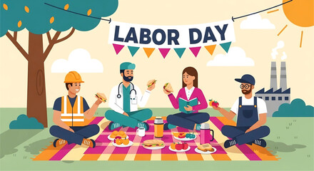 Celebrating Labor Day with a delightful picnic featuring diverse workers enjoying food and camaraderie beneath the shade of a tree and under the banner of Labor Day