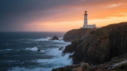 Naklejka premium Lighthouse perched on rugged cliffs overlooking a stormy sea at sunset