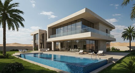 Fototapeta premium Majestic glass facade home with private swimming pool in Saudi Arabia Modern Luxury Real Estate