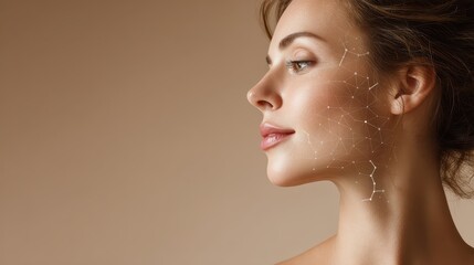 White molecules structure near sensual woman face with lifting lines. Over beige background. Beauty science concept.