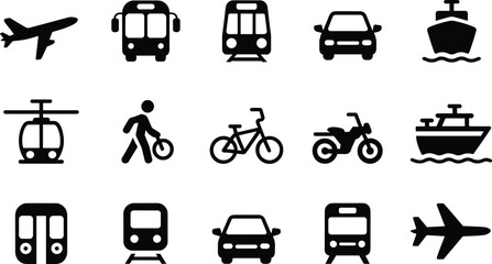 Flat vector illustration of multiple transportation icons including airplane, bus, train, car, ship, bicycle, motorcycle, tram, subway, walking, simple black silhouette design