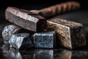 Shiny, rugged iron tools and ingots on a sleek, reflective black surface.