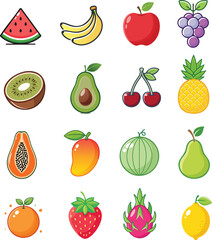 A set of colorful fruit icons, including watermelon, banana, apple, grapes, and more