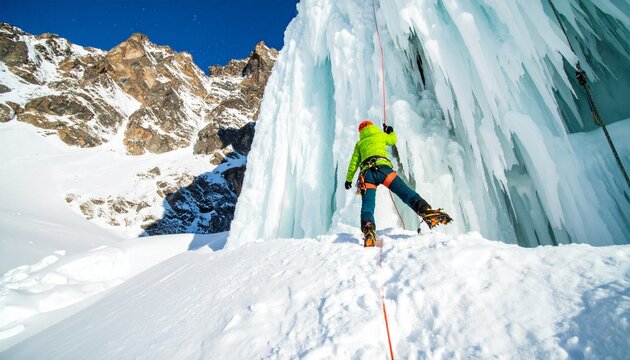 Dynamic ice climber ascending frozen waterfall in winter wonderland adventure challenge for extreme sports enthusiasts