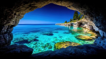 Fototapeta premium Stunning Coastal Cave View with Crystal Clear Waters and Lush Greenery in Bright Sunlight