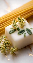 White Soap Bar with Spaghetti and Green Herbs on Marble Surface clean hygiene