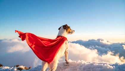 Dog superhero on mountain peak