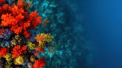 Fototapeta premium Vibrant Coral Reef with Colorful Coral Structures in Clear Blue Water Aerial View