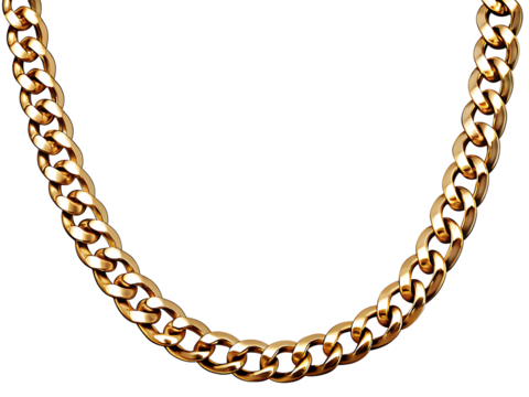 Golden curb chain necklace isolated on a transparent background