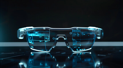 Futuristic augmented reality glasses displaying glowing blue data overlays for advanced digital interaction and information access
