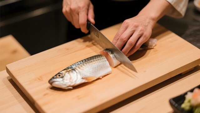 Person skillfully slicing a fish on a wooden cutting board in a kitchen setting - Powered by Adobe