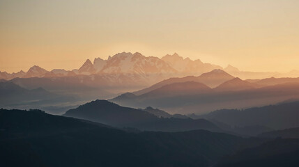 Serene Mountainscape Layers at Golden Hour with Snowy Peaks Panorama Nature
