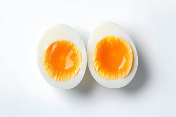 Perfectly cooked soft boiled egg halves with golden runny yolks on white background
