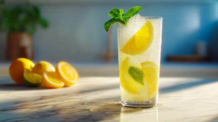 Fototapeta premium Glass of Homemade Lemonade on Sunny Kitchen Table