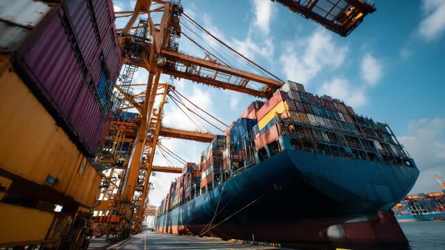 Global Shipping: A colossal cargo ship is being loaded at the docks under a brilliant blue sky, showcasing international trade and logistics, symbolizing worldwide connectivity.