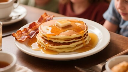 Stack of pancakes with syrup and bacon served on a plate