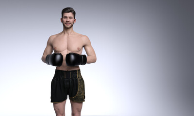 3D render : portrait of  smiling young man character as a boxer wearing  black boxer shorts and glove