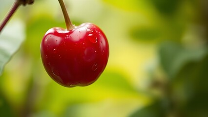 A close-up of a ripe cherry with water droplets, vibrant red against a softly blurred background.
