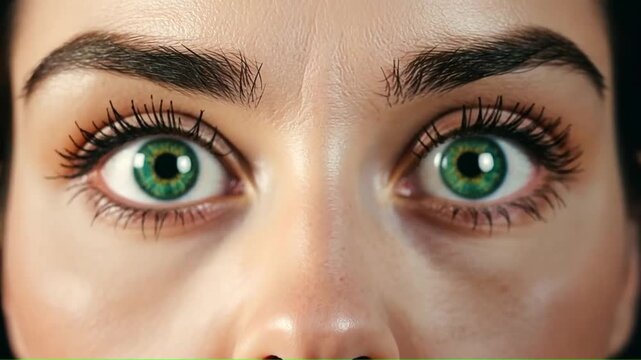 A closeup view of a womans green eyes with dark eyelashes and defined eyebrows