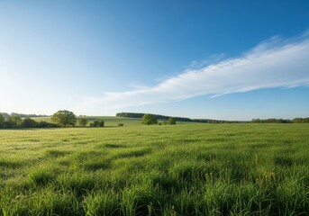Obraz premium Lush green meadow under a clear sky, a serene countryside vista extending to the horizon