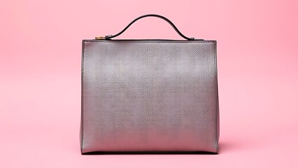 Stylish cosmetic bag with luxurious texture placed on a soft pink background in a flat lay composition.