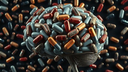A fragmented human brain intertwined with painkiller capsules, reflecting distorted memories in glossy surfaces.