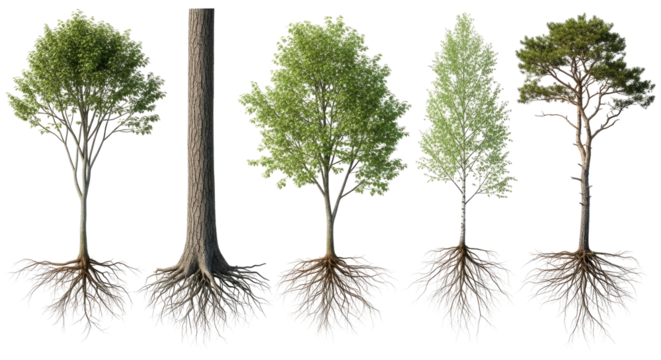 five realistic trees with transparent background perfect for design projects