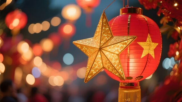 Illuminated red lantern with golden star, set against a festive background of blurred lights.