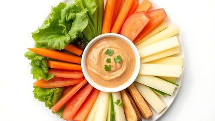 A colorful appetizer plate featuring fresh vegetables and dip, arranged neatly on a white background.