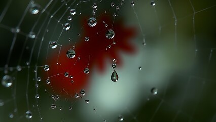 Dewdrops on a spiderweb with ominous red shadows, representing the spread of disease.