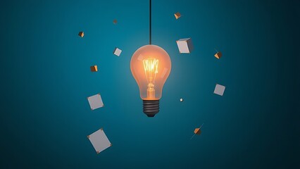 Creative concept of a lightbulb surrounded by floating geometric shapes against a gradient blue backdrop.