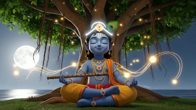 Divine little krishna in peaceful meditation with a flute under a glowing sacred banyan tree by moonlight.