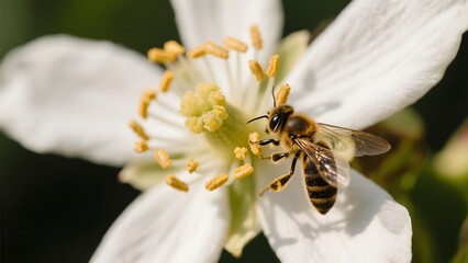 A honeybee pollinating a white flower with prominent yellow stamens