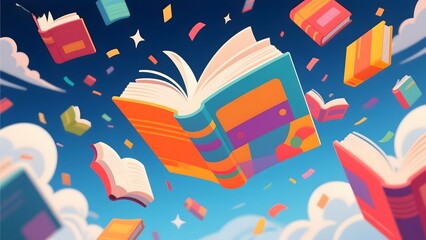 Vibrant illustration of flying books and confetti against a blue sky with clouds