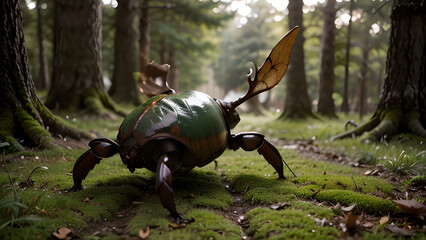 Stag beetle on mossy forest floor, close-up of large beetle with mandibles