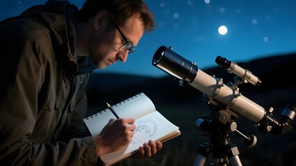 Astronomer sketching celestial observations under a moonlit sky with telescopes nearby.