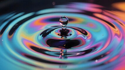 A vibrant water droplet creates colorful ripples on a reflective surface.