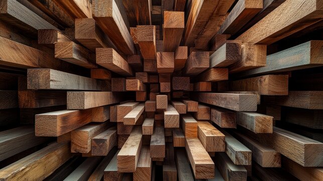 Stacked wooden beams abstract perspective brown texture background.